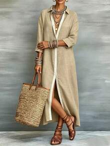 Linhara CURVE Plus Size Casual Boho Vacation Contrast Color Button Front Dress Autumn Brunch Formal Beige - Khaki - View 4