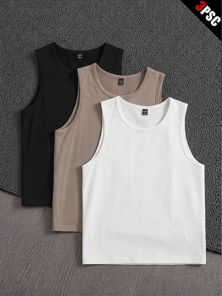 Manfinity VCAY 3 piezas Camisetas sin mangas de cuello redondo básicas de unicolor divertidas para hombres en verano, para vacaciones, regalo para novio, regalo del Día del Padre, fútbol - Multicolor - Añade 2