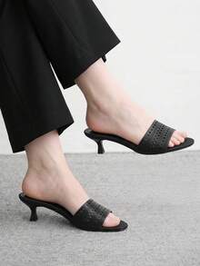 CUCCOO BIZCHIC 女款夏季新款黑色鏤空拼接高跟涼鞋，圓頭中跟露趾設計，適合日常穿搭，百搭舒適 - 匠心羊巴黑1# - 查看 4