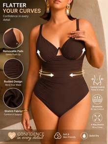 Shapewave Plus Size Women Solid Color Special Fabric Spaghetti Strap Underwire One-Piece Swimsuit Beach Party Summer Brown Sexy Elegant Modest - Brown - View 7