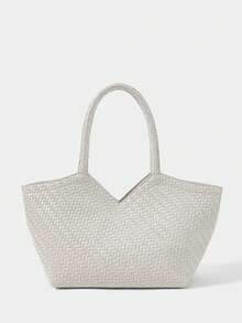 SHECARRY Women's Fashion Beige Tote Bag, Exquisite Simple Handbag, Retro Woven PU Large-Capacity Shoulder Bag, For Commuting, Vacation, Daily, Shopping - Beige - View 1
