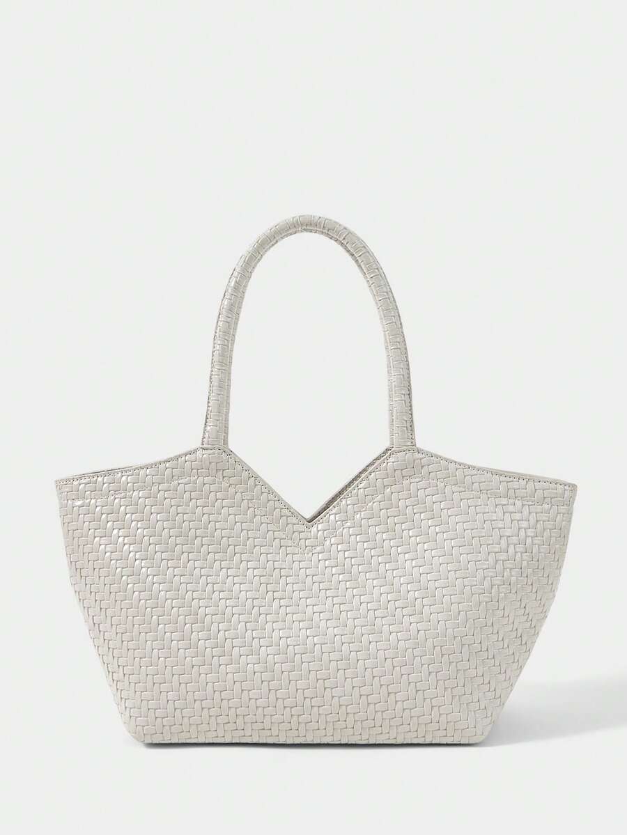 SHECARRY Women's Fashion Beige Tote Bag, Exquisite Simple Handbag, Retro Woven PU Large-Capacity Shoulder Bag, For Commuting, Vacation, Daily, Shopping - Beige - View 1