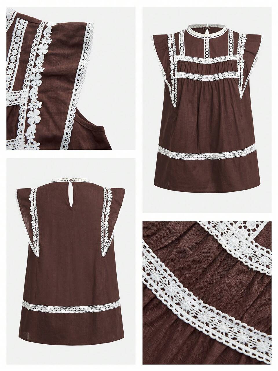 SHEIN Maija Brown Round Neck Sleeveless Women's Blouse, Lace Patchwork, Summer Comfortable Casual Vacation