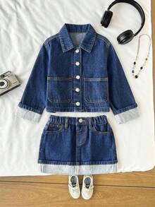 SHEIN 女童深藍色牛仔短夾克與裙子2件套 - 中等水洗藍 - 查看 5