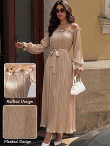 Modelyn Vestido largo elegante para mujer de color champán, con manga corta, manga larga, hombros descubiertos, ribete de volantes y plisado - Champán - Ver 5