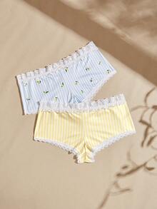 Lullawish Celana Pendek Hipster Motif Garis-Garis dengan Hiasan Pita 3D dan Patchwork Renda - Warna campuran - View 1