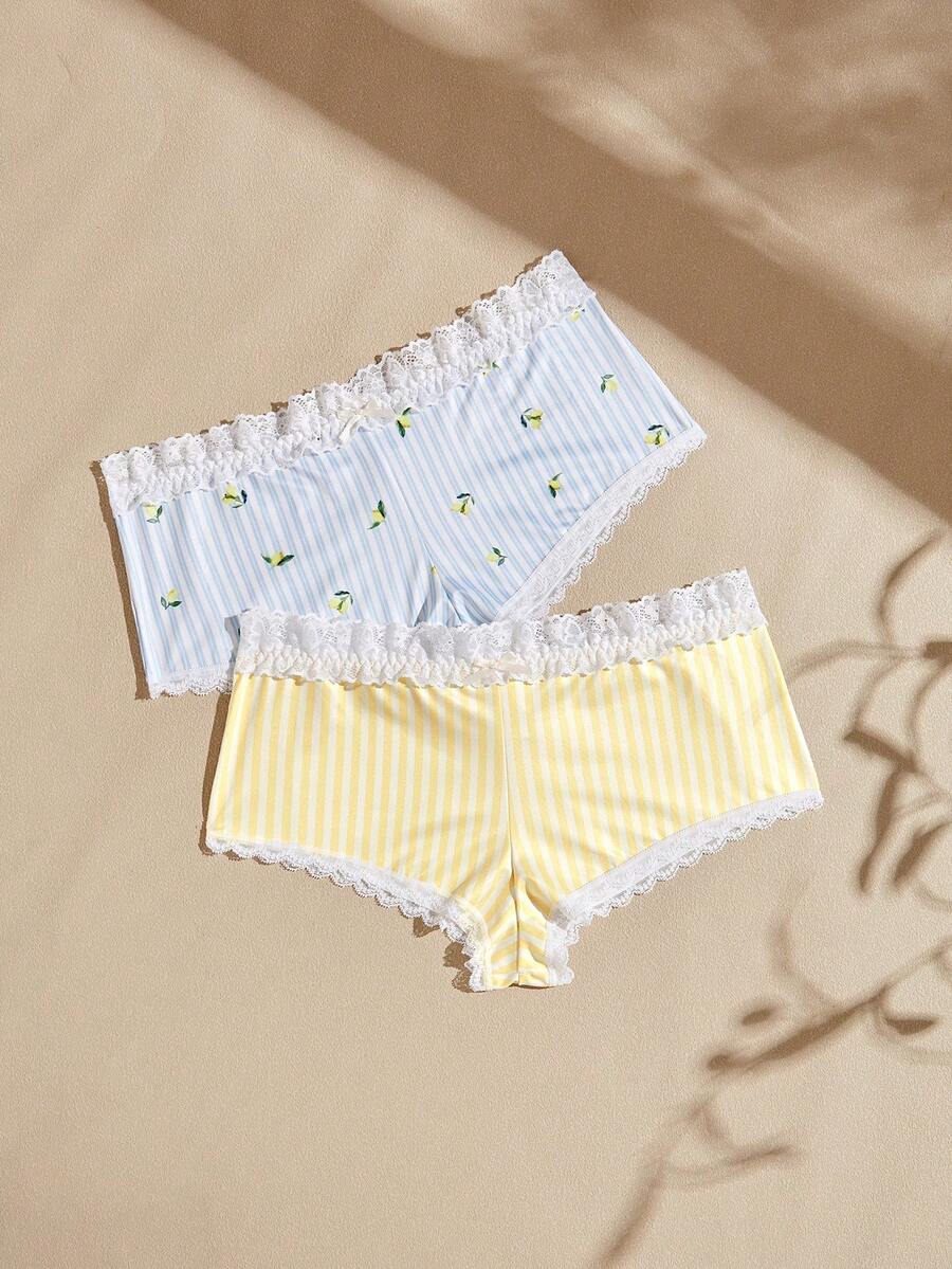 Lullawish Celana Pendek Hipster Motif Garis-Garis dengan Hiasan Pita 3D dan Patchwork Renda - Warna campuran - View 1