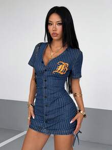 StreetHx 街頭風性感秋季女款條紋圖案印花牛仔洋裝，夜店派對藍白條紋 - 藍色 - 查看 3