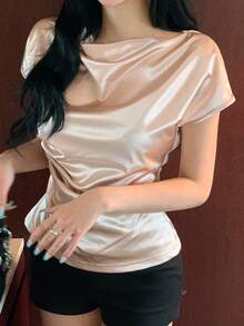 Livesso Women's Beige Cowl Neck Sleeveless Ruched Waist Fitted Draped Satin Blouse, Elegant Versatile - Apricot - View 1