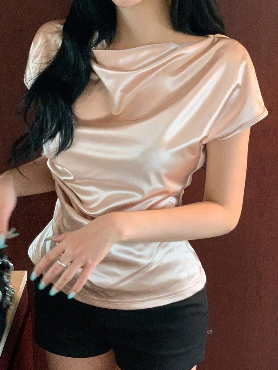 Livesso Women's Beige Cowl Neck Sleeveless Ruched Waist Fitted Draped Satin Blouse, Elegant Versatile - Apricot - View 1