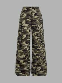 SHEIN Girlism 2pcs Tween Girl Ribbed Ruched Short Sleeve T-Shirt & Camo Print Ruched Pocket Casual Pants Set - Army Green - View 5