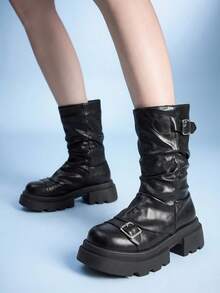Sugerpunk Women's Fashion Versatile Chain Decor Thick Sole Wedge Ankle Boots - Black matte - View 2