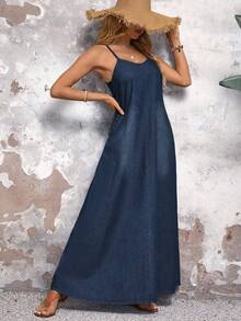 EMERY ROSE Vestido informal de mezclilla con tirantes y mangas sin mangas en unicolor para el verano - Azul lavado oscuro - Ver 9