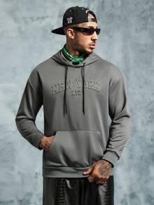 INCRYTM Men's Letter Embossed Simple Daily Hooded Long Sleeve Sweatshirt, Going Out, Street Wear, New York - Dark Grey - View 1