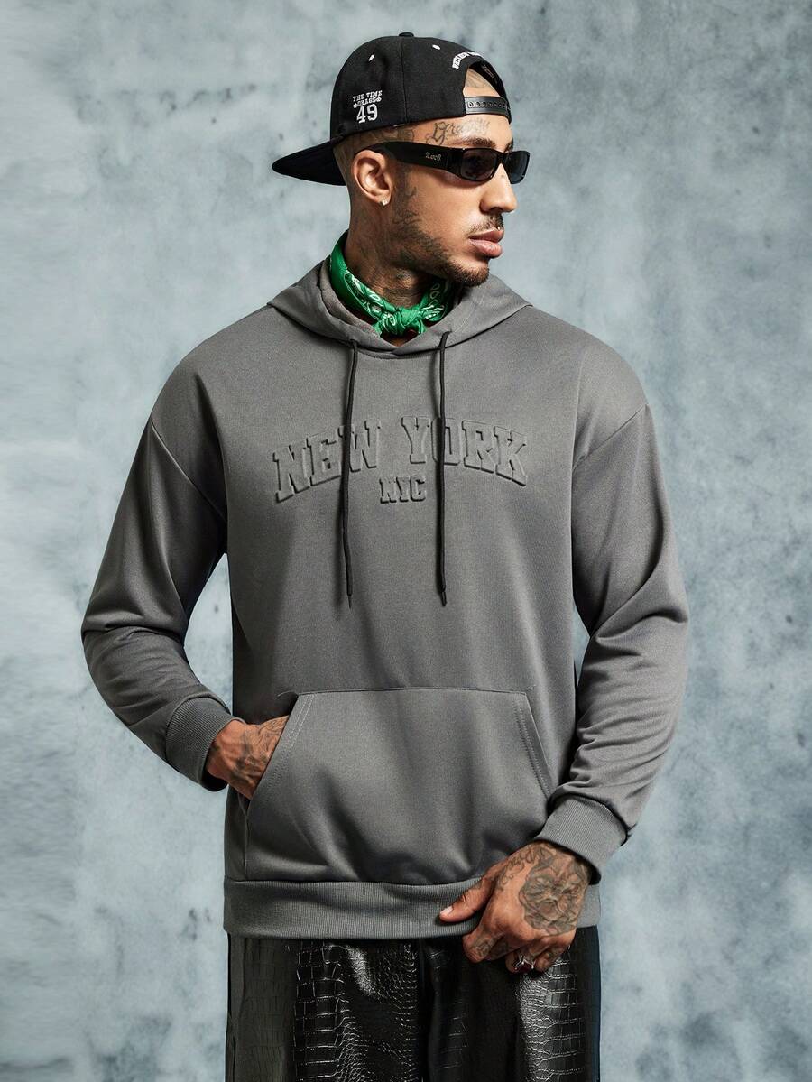 INCRYTM Men's Letter Embossed Simple Daily Hooded Long Sleeve Sweatshirt, Going Out, Street Wear, New York - Dark Grey - View 1