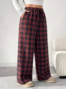 SHEIN EZwear 大码秋冬纯棉抽绳复古格子裤 - 紅色 - 查看 5