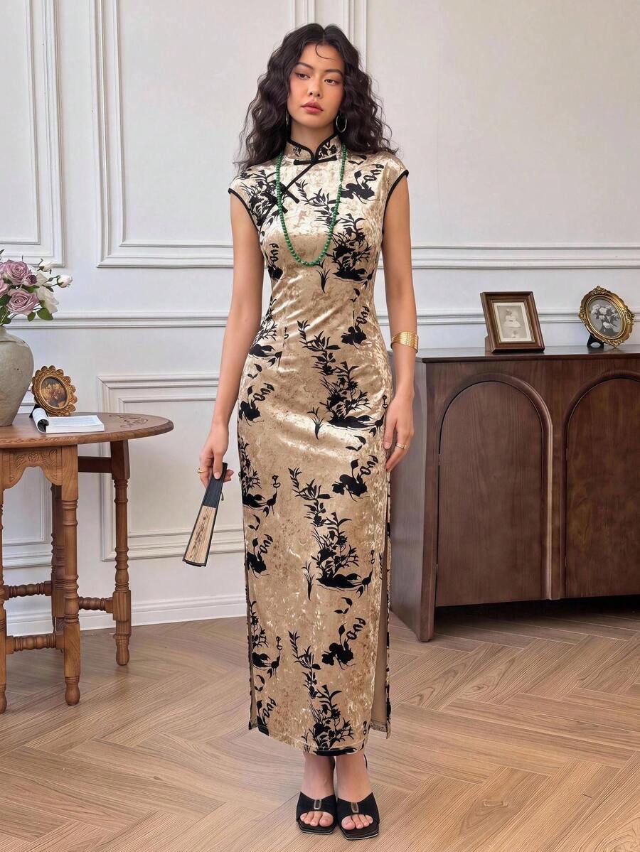 EastFlair Women's Floral Print Casual Elegant Vintage 70s Retro Party Dinner Midi Dress Black And Gold Winter - Multicolor - View 1