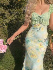 SHEIN MOD 油畫花卉貝殼袖修身魚尾長洋裝 - 彩色 - 查看 2