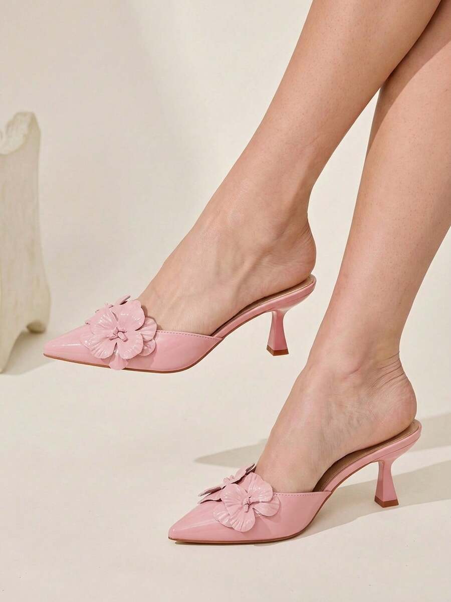 CUCCOO CHICEST Sandal Hak Tinggi Model Mules Lancip Motif Bunga Tiga Dimensi Terbaru 2026, Sandal Wanita Musim Panas Berkilau Kulit Paten, Sandal Serbaguna untuk Pernikahan dan Kencan yang Elegan - Baby Pink - View 1