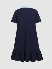 SHEIN 兒童青少年女孩休閒學院風藍白條紋拼接抓皺A字修身洋裝，精緻Logo刺繡，返校季，藍色 - 藏蓝色 - 查看 2