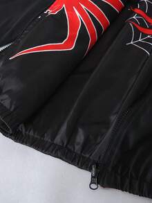 SHEIN 1件兒童青少年男孩休閒可正反穿立領夾克，舒適梭織布料，適合學校、花園、海灘、生日、秋季、春季、夏季、冬季，黑色、棕色、萬聖節 - 黑色 - 查看 8