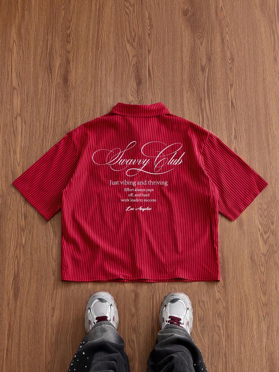 SWAVVY Men's Summer Casual Striped Embroidered Slogan Short Sleeve Shirt - Red - View 1