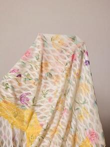 Slumberist Sexy Sheer Textured Mesh Apricot & Lemon Yellow Lace Trim Robe With Yellow Rose Floral Print, Spaghetti Strap Slit Lace Decor Nightgown, Plus Size Women's Sleepwear Set - Apricot - View 9