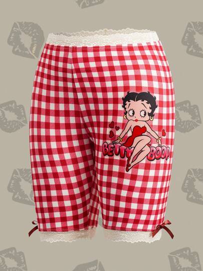 Betty Boop x SHEIN Women's Plaid Cartoon Print Cute Lace Patchwork Base Shorts