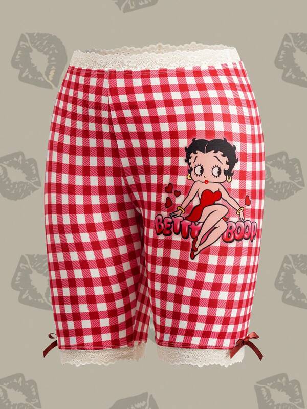 Betty Boop x SHEIN شورتات نسائية بطبعة كرتونية مربعات مع دانتيل وتصميم رقع لطيف