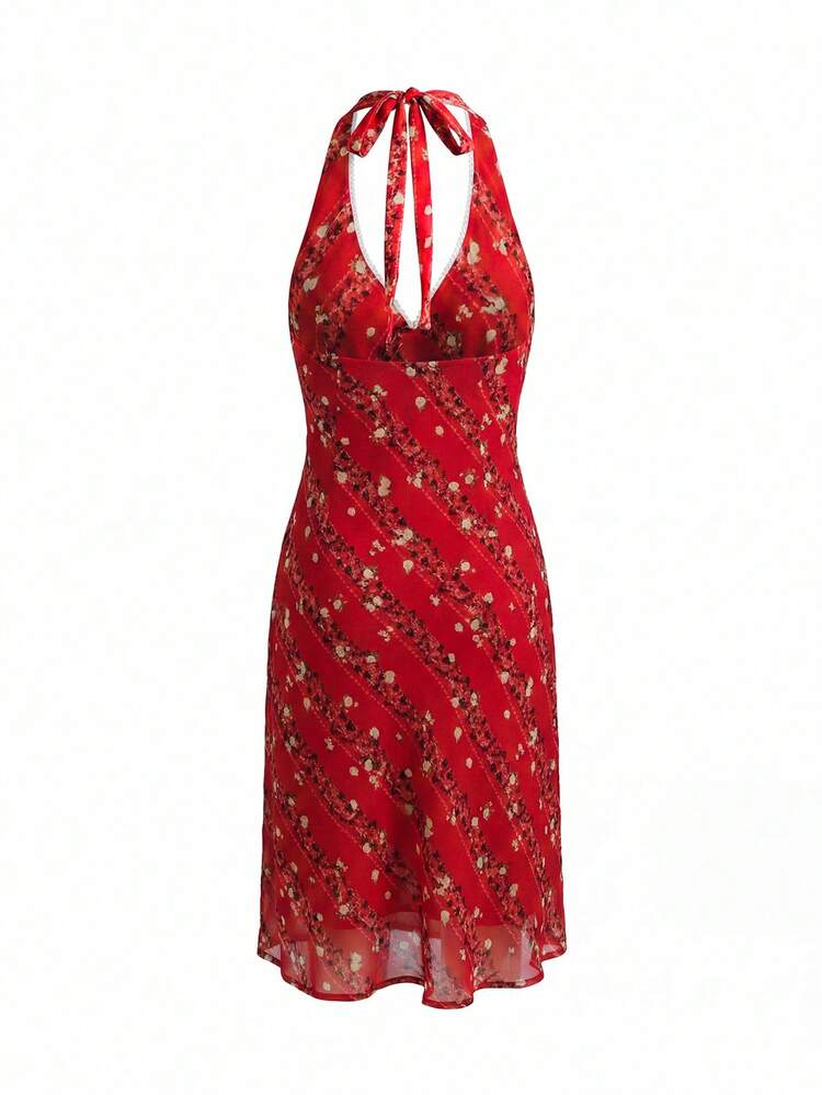 lacRébo Vintage Red Midi Dress With Diagonal Floral Print, Halter Neckline, And Open Back Elegant Style Chic - Red - View 8