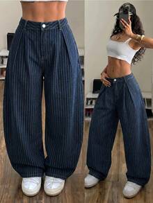 StreetHx Women's Casual Streetwear Washed Blue And White Stripe Curved Leg Jeans Everyday Going Out Summer - Blue - View 4