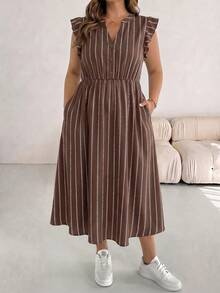 SHEIN Essnce 大尺碼女款條紋缺口V領百褶休閒日常夏季洋裝 - 彩色 - 查看 3