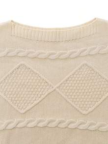 Balvessa Women's Spring Autumn Winter Soft Beige Diamond Cable Knit Sweater Set 2 Pieces Casual Elegant Loose Short Crew Neck Long Sleeve Sweater Brunch - Apricot - View 8