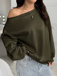 SHEIN EZwear 女款寬鬆不對稱肩白色保暖內裡運動衫，秋冬款 - 軍綠色 - 查看 3