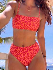Swim Lushoire 女款夏季度假海灘玫瑰紅豹紋性感可拆卸細肩帶平胸式高腰比基尼套裝 - 彩色 - 查看 3