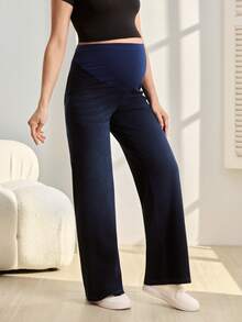 SHEIN Maternity Casual Washed High Waist Straight Leg Jeans Dates Gender Reveal Navy Blue Summer - Multicolor - View 3