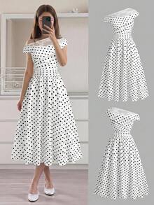 SHEIN 少女夏季優雅蕾絲拼接波點印花不對稱領洋裝 - 黑與白 - 查看 9