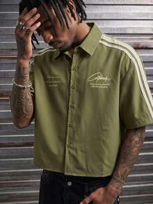 AXEPEAK Men's Letter Print Colorblock Single-Breasted Casual Versatile Daily Commute Shirt - Green - View 1
