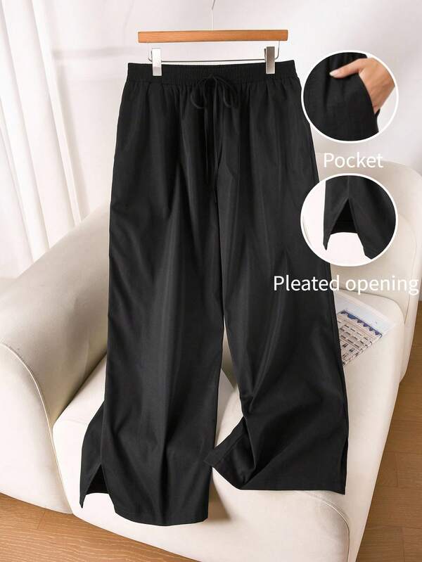 CosyJoli Plus Size Women's Solid Color Waist Tie Wide Leg Pants Casual Daily Going Out Black Pants For Women Casual Homewear Pants For Women Casual Daily Wear
