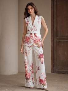 Anewsta Elegant Urban Chic Vintage Floral & Striped Print Lapel Sleeveless Vest With Belt + High-Waisted Draping Long Suit Pants, Women's Suit Set - Multicolor - View 7