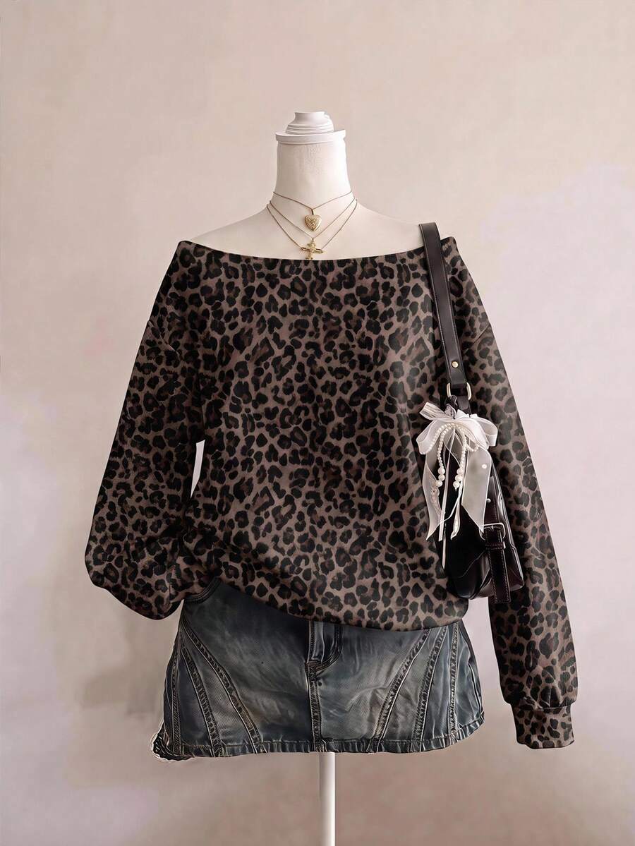 SHEIN EZwear 經典豹紋不對稱肩女款運動衫,棕色調,秋季休閒街頭風,適合多種場合,Y2K復古風,返校季秋冬上衣 - 彩色 - 查看 1