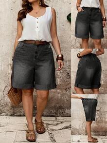 EMERY ROSE EMERY ROSE Shorts de mezclilla holgados con botones y bolsillos versátiles de moda talla grande - Negro - Ver 1