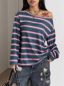 Coolane 女款春季 Y2K 丘比特圖案舒適不對稱領口露肩長袖 T 恤 - 彩色 - 查看 4