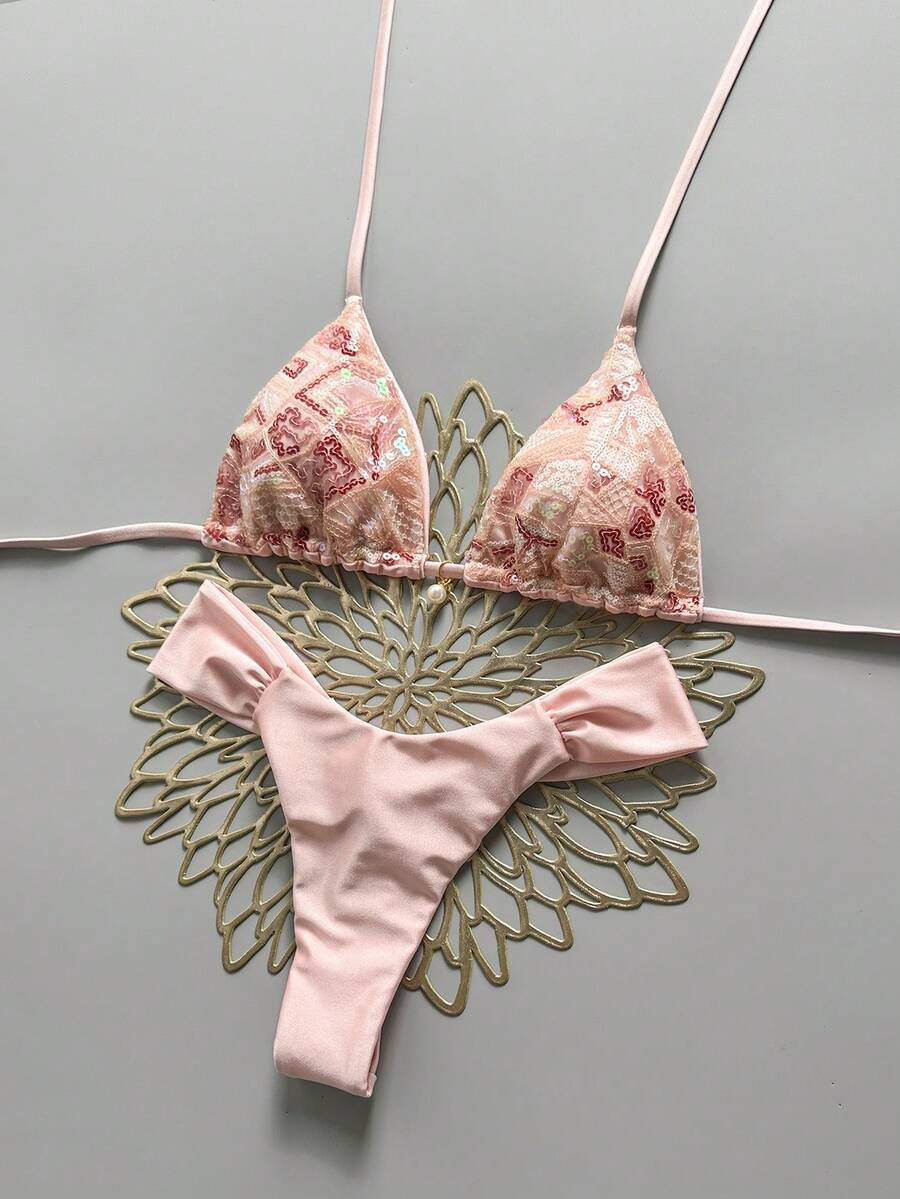 Swim MOD 2件套 春夏度假款 隨機印花櫻桃飾品掛脖三角杯比基尼上衣與比基尼褲 女款性感泳衣 - 淺粉色 - 查看 1