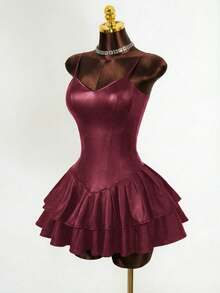 Mistrie Black Outfits Women Sexy Dress PU Asymmetric Cup Corset Waist Cake Ruffle Hem Dress - Burgundy - View 2