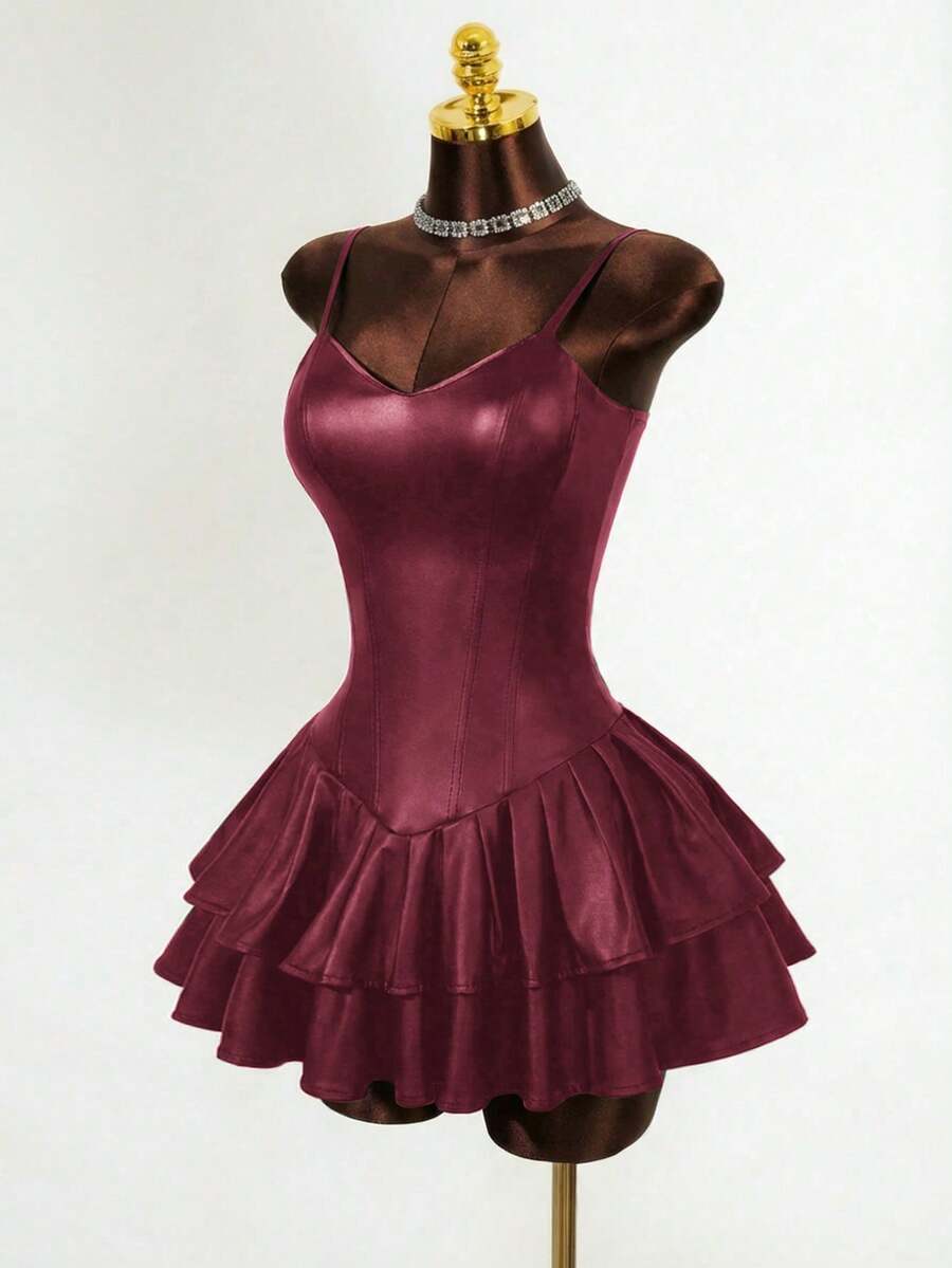 Mistrie Black Outfits Women Sexy Dress PU Asymmetric Cup Corset Waist Cake Ruffle Hem Dress