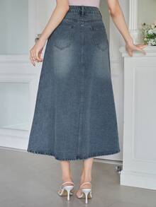 DAZY Spring Summer Autumn New Women's Casual Style Washed Pocket A-Line Denim Skirt - Dark Wash - View 2