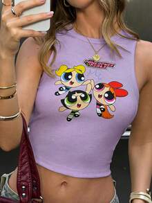 THE POWERPUFF GIRLS X SHEIN 女款夏季休閒卡通印花背心 - 紫色 - 查看 6