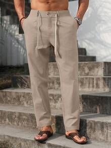 VENTUSAIL Pantalones lisos con cordón en la cintura, pantalones largos entallados de lino, lisos y frescos para salir, otoño, vacaciones - Caqui - Ver 6
