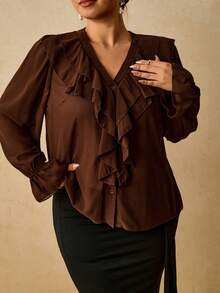 Travachic Plus Size Women's Chiffon Printed Long Sleeve Shirt, Leopard Print Ruffle Blouse - Brown - View 4